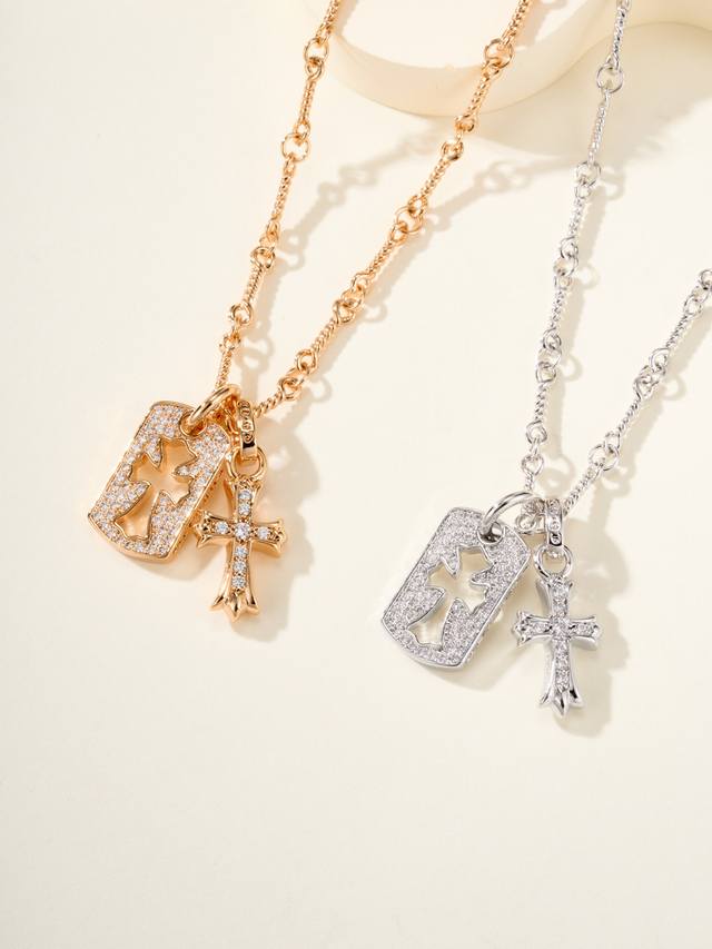 Kro* double flower pendant necklace, square full of diamonds, hollow cross flowe