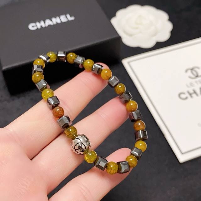 Chanel Double C bracelet with hematite and premium natural yellow agate beads! W