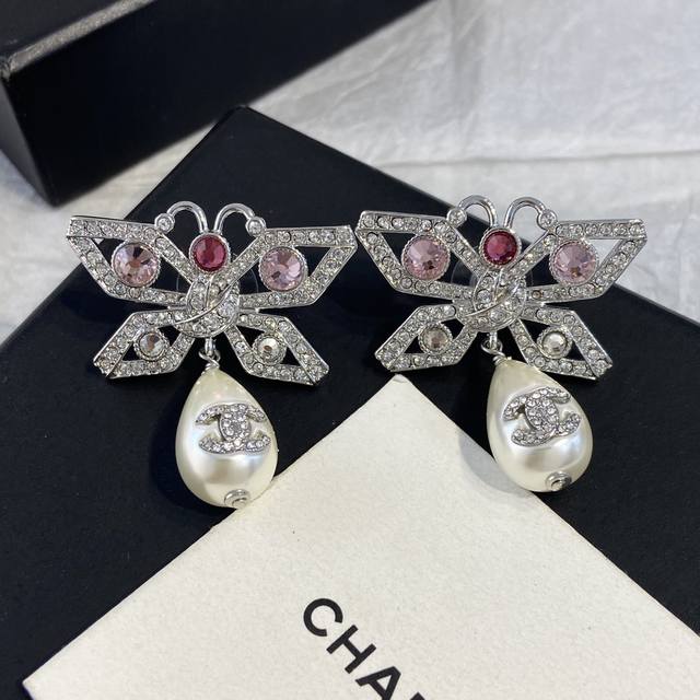 Xe924 Ch Nel Butterfly Full Diamond Pearl Drop Earrings 25A High-end Handicraft
