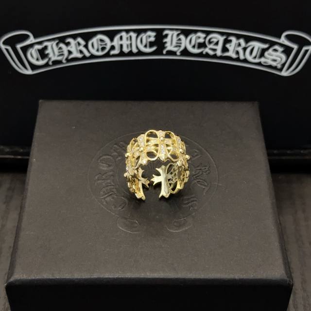 Counter quality Chrome Hearts gold full diamond cross flower ring with concave a