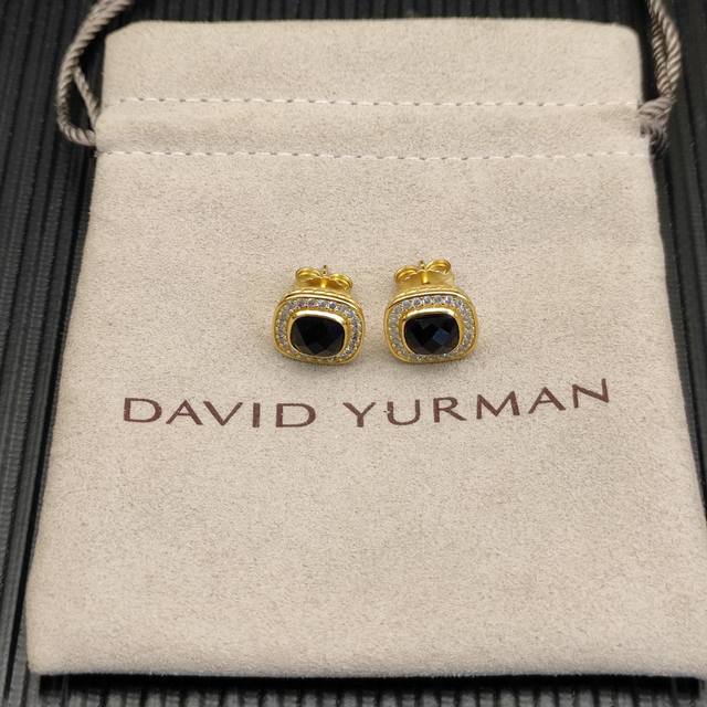David Yurman 7mm gold square diamond earrings with black diamond