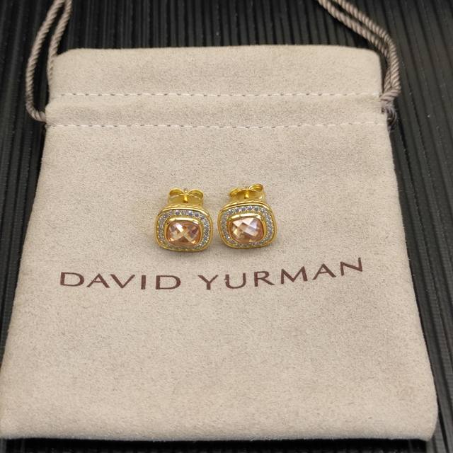 David Yurman 7mm gold square diamond earrings with champagne diamonds.