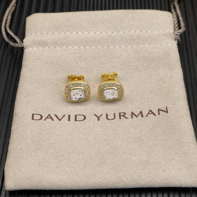 David Yurman 7mm gold square diamond earrings with white diamonds.