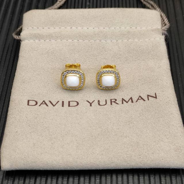 David Yurman 7mm gold square diamond earrings with white agate