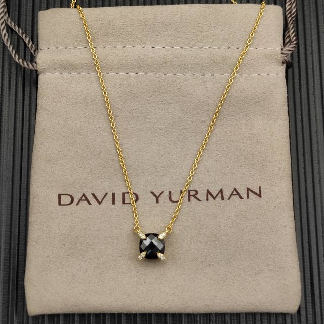 David Yurman gold main stone 8mm four-claw black diamond necklace, length 42+3+3