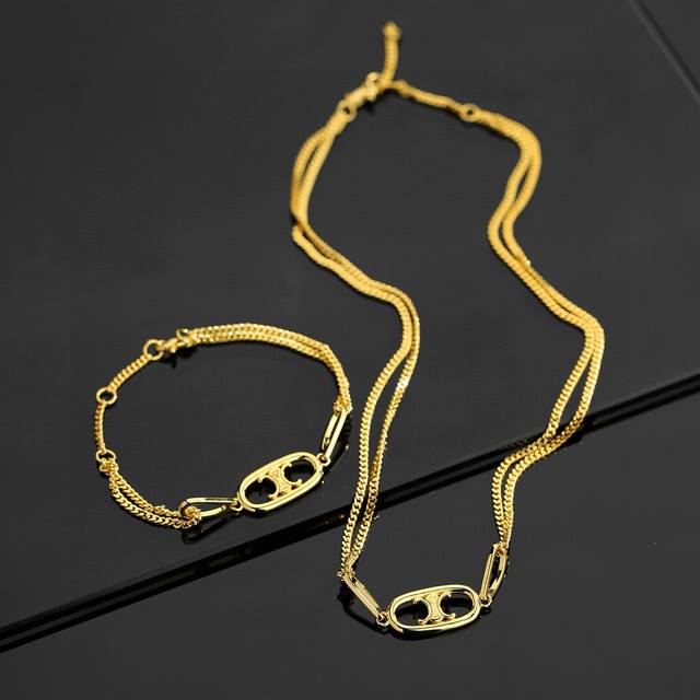 Celine Arc de Triomphe double chain hollow pendant necklace bracelet. Authentic