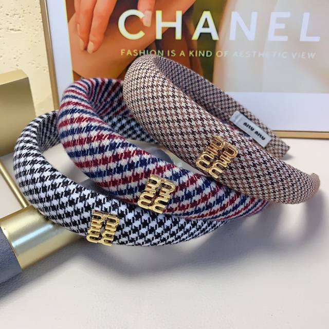 miumiu Miu Miu Miumiu headband Houndstooth Logo light luxury style headband temp
