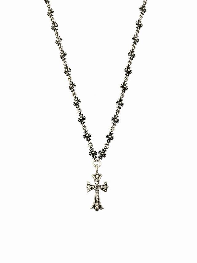 Chrome Heart Blue Zircon Cross Necklace Full Sapphire Zircon Cross Flower Tiny