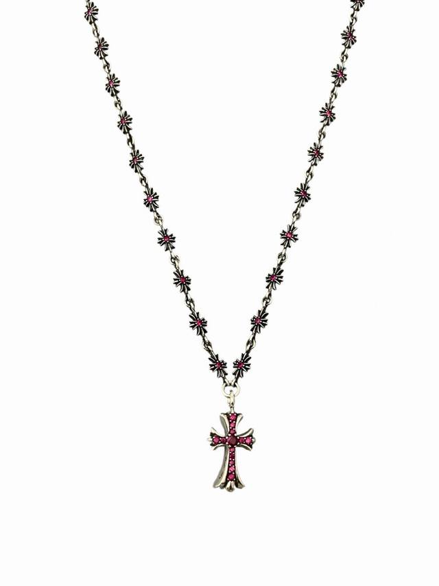 Chrome Heart Ruby Zircon Cross Necklace Full Ruby Zircon Cross Tiny One-Piece N