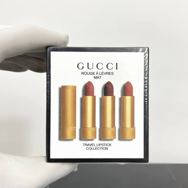 High-quality Gucci gold tube lipstick 3-piece set. Comes with gift bag. code 119