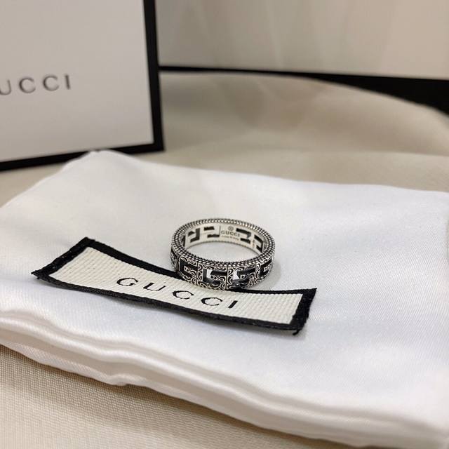 Gucci 925 Sterling Silver Square G Antique Hollowed-Out Narrow Ring (Ddd) Sizes