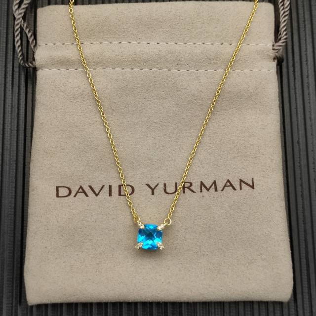 David Yurman Gold Necklace with 8mm Blue Diamond Center Prong, 42+3+3cm Delay Ch
