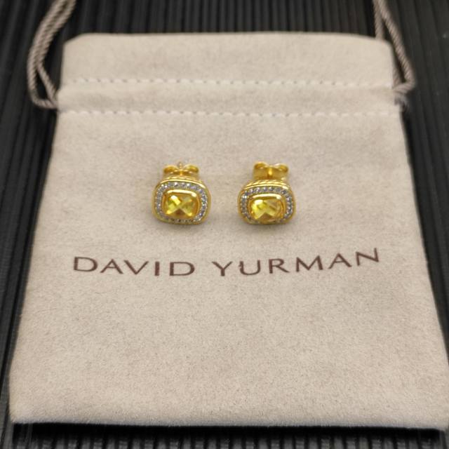 David Yurman earrings with a 7mm yellow square-cut gold diamond as the center st