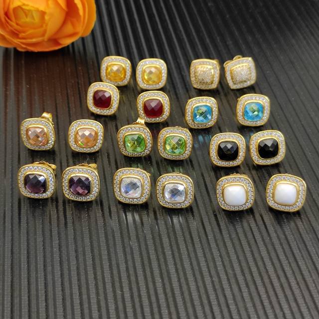 David Yurman Gold Square Diamond Stud Earrings in purple, red, blue, black, yell