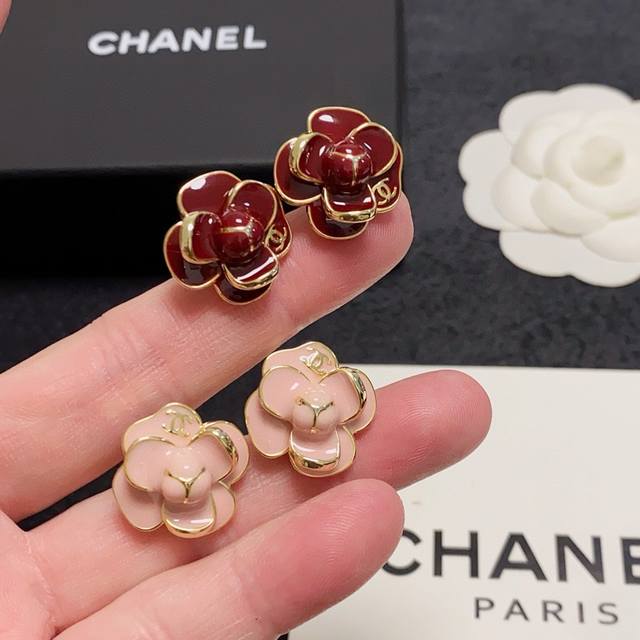 New Chanel double C minimalist camellia burgundy and pink New Year red earrings.