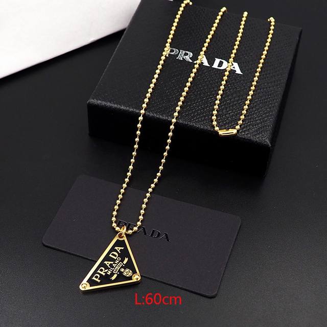 Prada black enamel triangle pendant accessory gold necklace Ddd