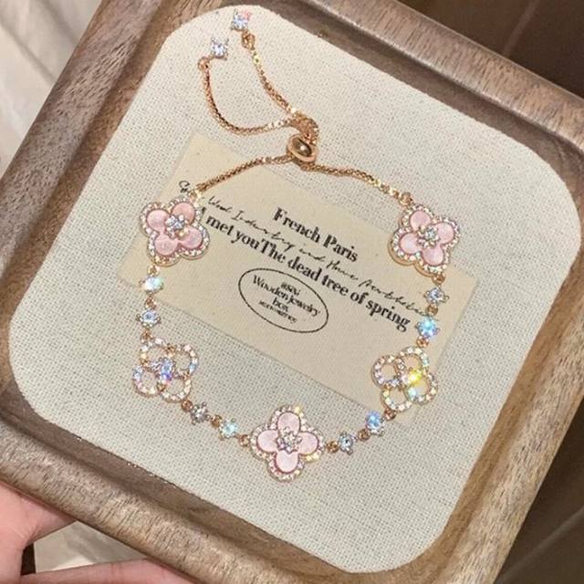 Dreamy Sweet Cherry Blossom Vintage Pink Mother-of-Pearl Four-Leaf Clover Bracel