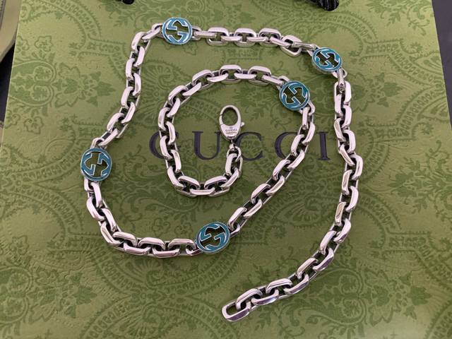 In Stock! Gucci New Green Enamel Interlocking Double G Necklace, Length: 60cm, I