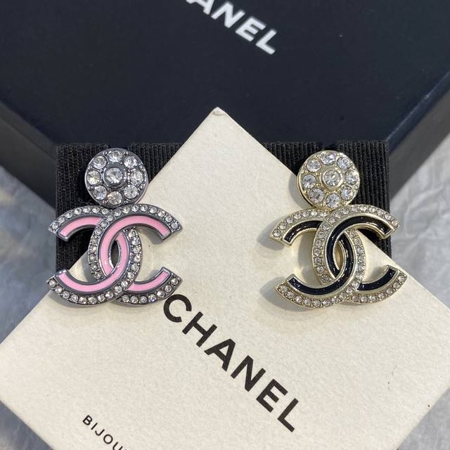Xe0360 Ch Nel Full Diamond Double C Enamel Stud Earrings Pink and Black Ddd
