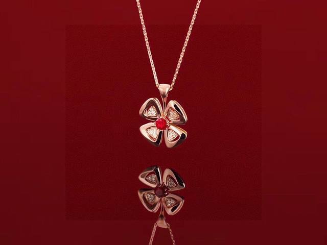 Bv Bulgari Aeon Collection Necklace, Newest Red Diamond Polished Four-Leaf Clove