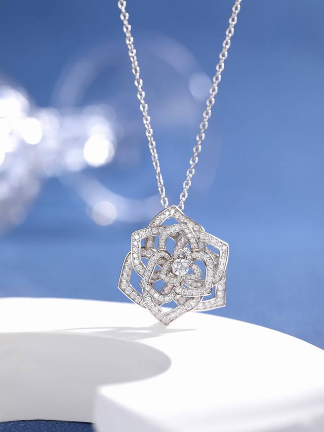 925 Sterling Silver Piaget Rose Collection Classic Rose Necklace. A blooming ros