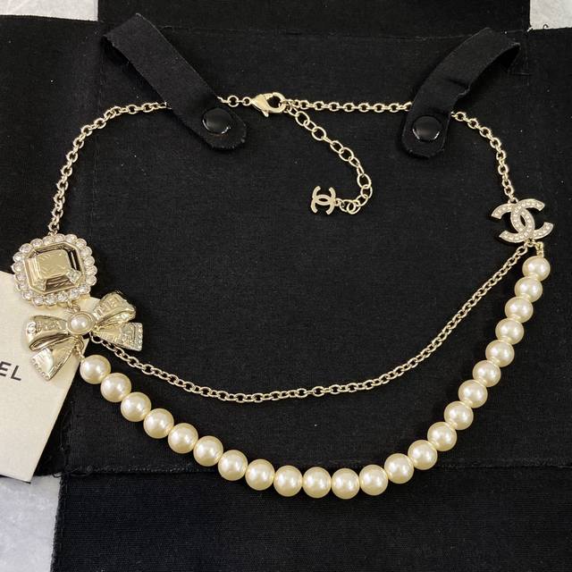 Xx0565 Ch Nel Double-layered bow sugar cube necklace Ddd