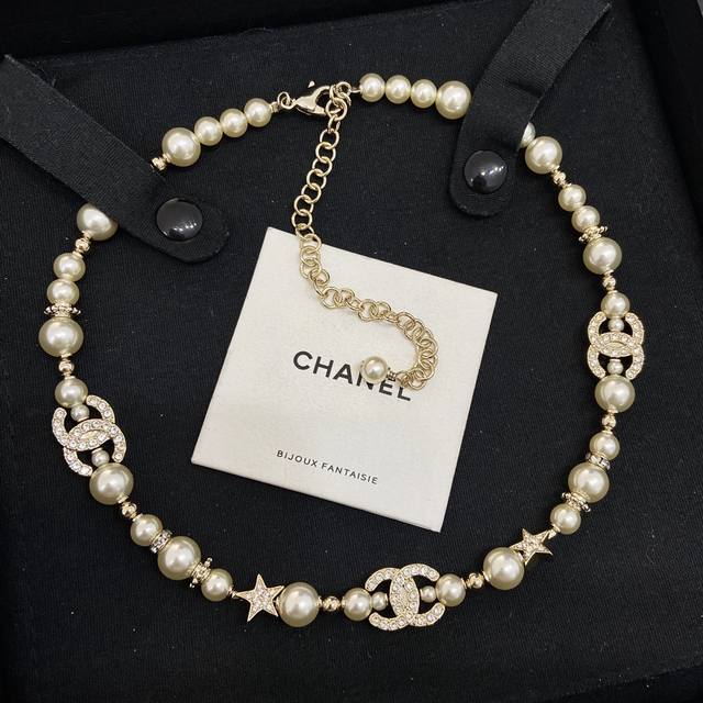 Xx0177 Ch Nel23A Gold Full Diamond Double C Small Star Pearl Necklace Choker The