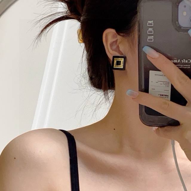 Chanel double C black square stud earrings, super delicate, just the right size,