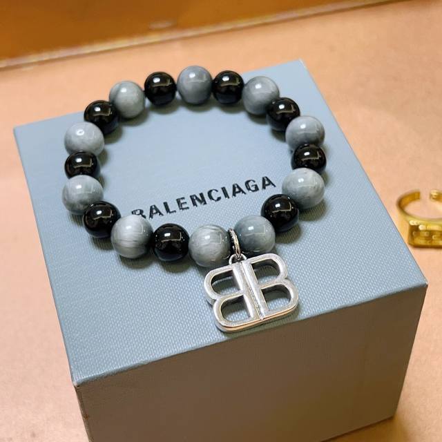 Exquisite replica of Balenciaga bracelet featuring natural black agate, moonston