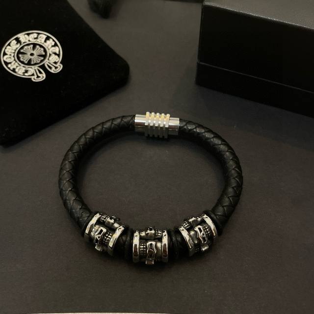 Chrome Hearts Rts Skull Leather Rope Bracelet - Authentic, Trendy, Fashionable,