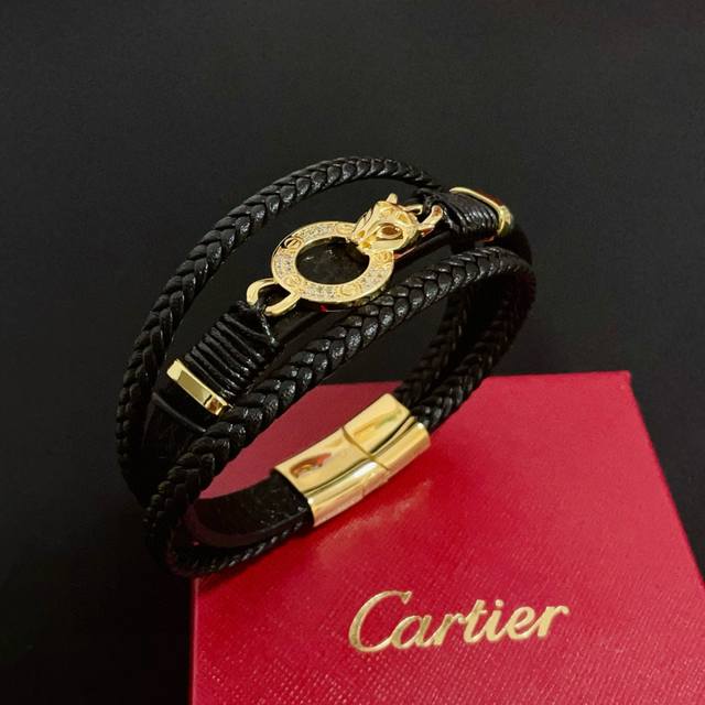 Cartier Panther Head Diamond-Encrusted Leather Cord Bangle, High-End Custom Vers