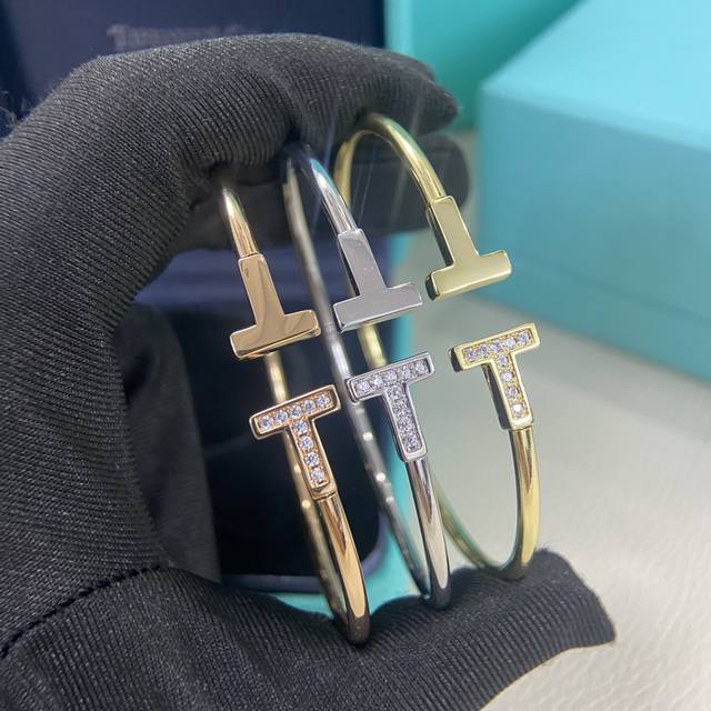 Tiffany New Bangle - Polished Double T Bangle with Interspersed Diamonds (Ddd)