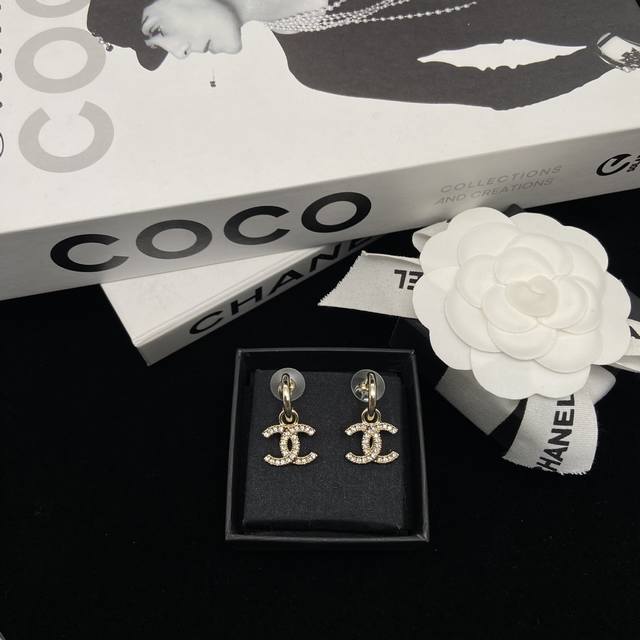 Chanel Double C Full Diamond Stud Earrings with Hook Design - Worth Buying - Sim