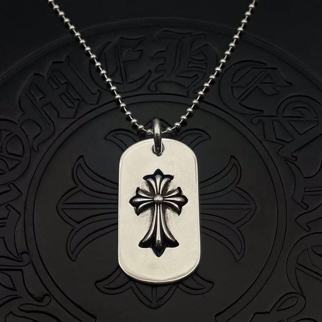 High-quality Chrome Hearts large cross dog tag pendant with beaded chain, size 5