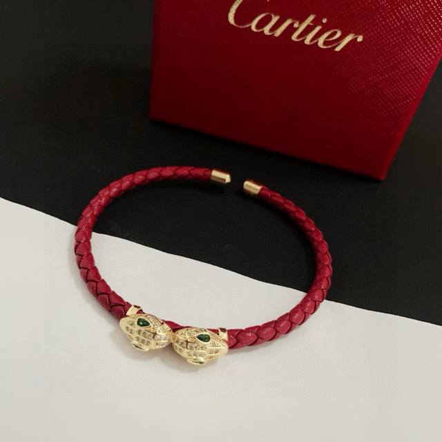 Cartier Panther Head Leather Rope Bangle, High-End Custom Version, Diamond-Setti