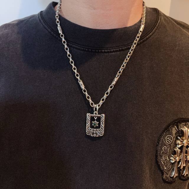 New boutique quality Chrome Hearts classic cross necklace with shield and green