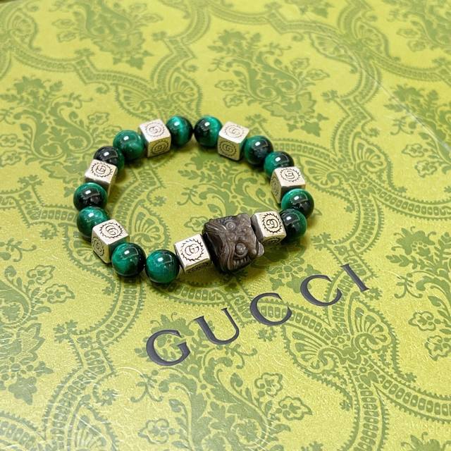 Gucci Luxury Bracelet, Unisex, Latest Style, Natural Green Tiger Eye with Silver