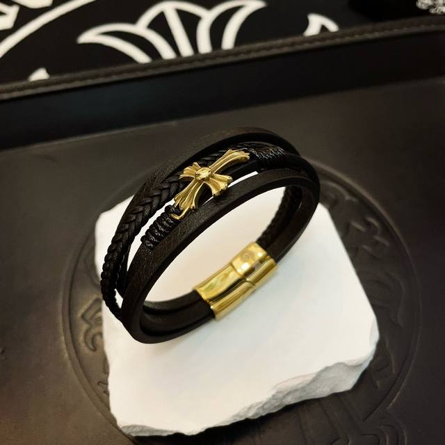 Chrome Hearts Cross Leather Cord Bracelet ~ Authentic, molded, trendy, fashionab