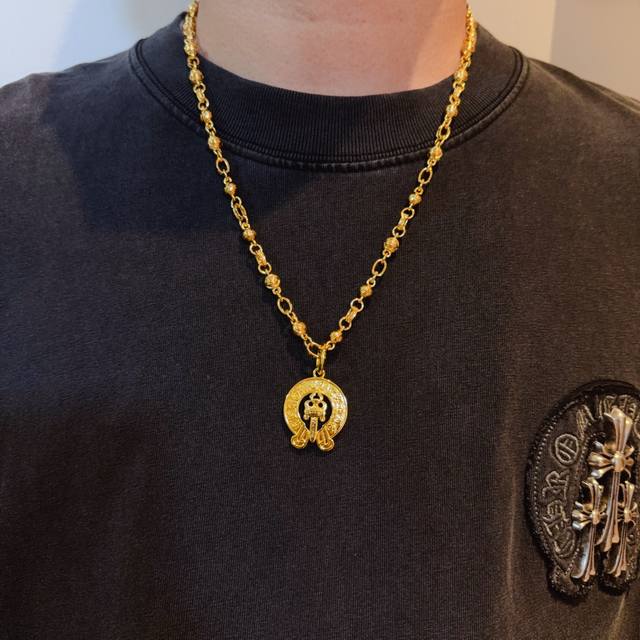 New boutique quality Chrome Hearts classic retro gold cross flower ball necklace