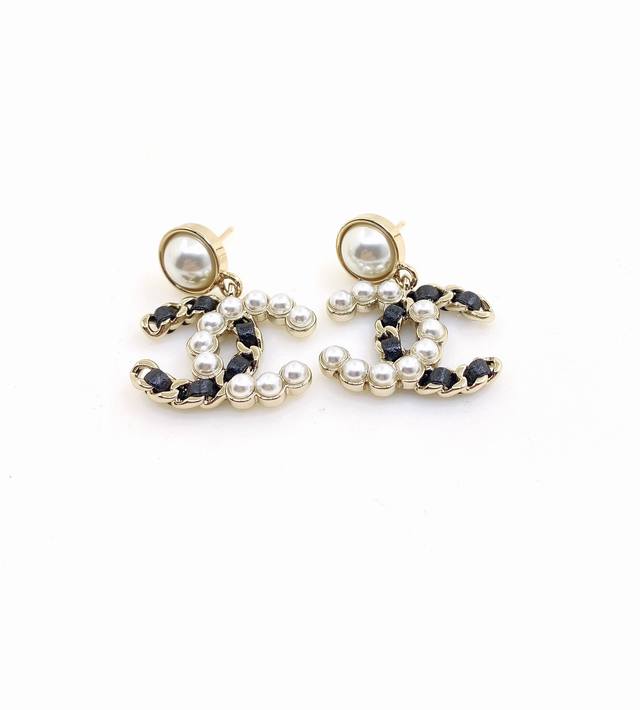 Ch*Nel Latest Black Leather and White Pearl Earrings, Same Style as Zp, Brass Ma