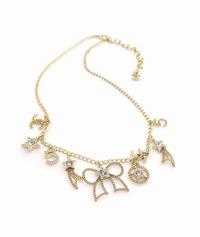 Ch*Nel Latest 5-Character Hollowed-Out Bow Multi-Element Necklace, Same Style as