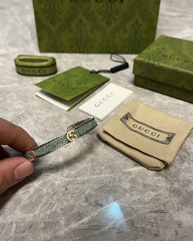 Light Green Enamel Bangle (Ddd) Sterling Silver Double G Design, Fashionable Sty