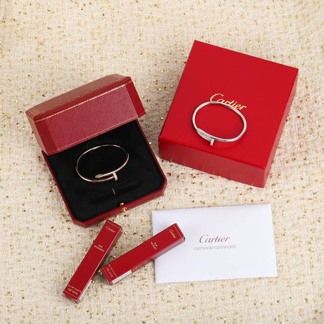 We offer a classic diamond-encrusted nail bracelet, available in a thicker versi