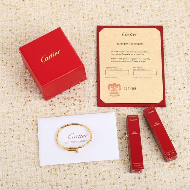 We offer a classic diamond-encrusted nail bracelet, available in a thicker versi