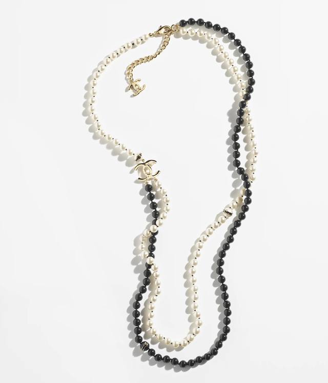 Autumn/Winter Double Layer Chanel Sweater Chain, Black and White Pearl Chain, Or