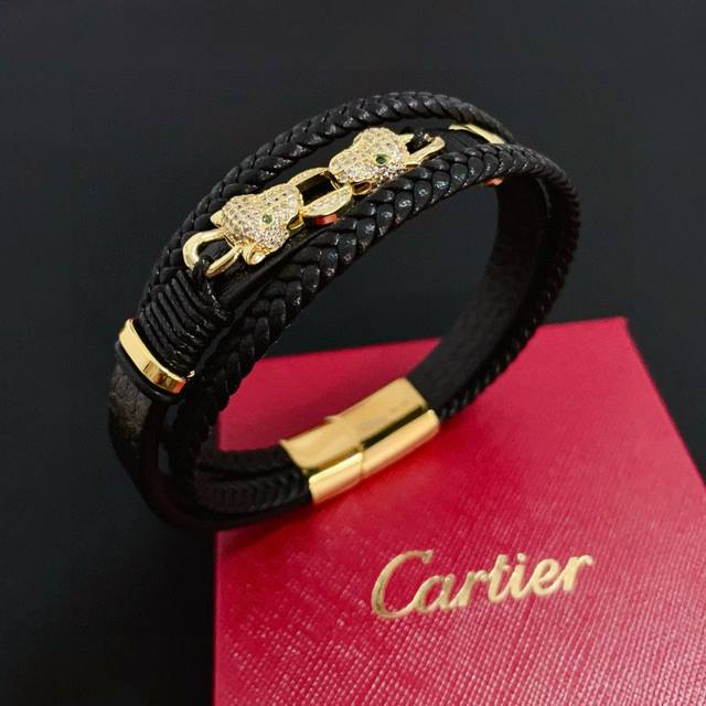 Cartier Panther Head Diamond-Encrusted Leather Cord Bangle, a popular choice amo