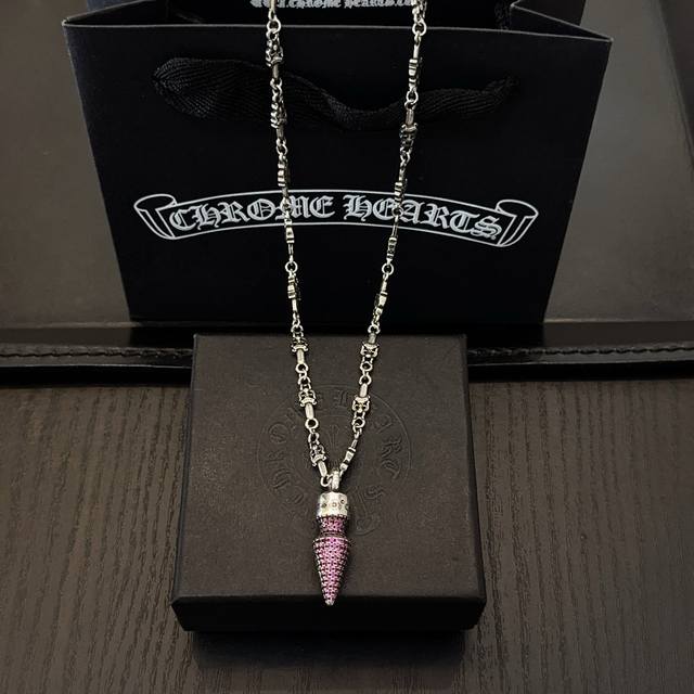New boutique quality Chrome Hearts classic retro sword necklace with pink diamon