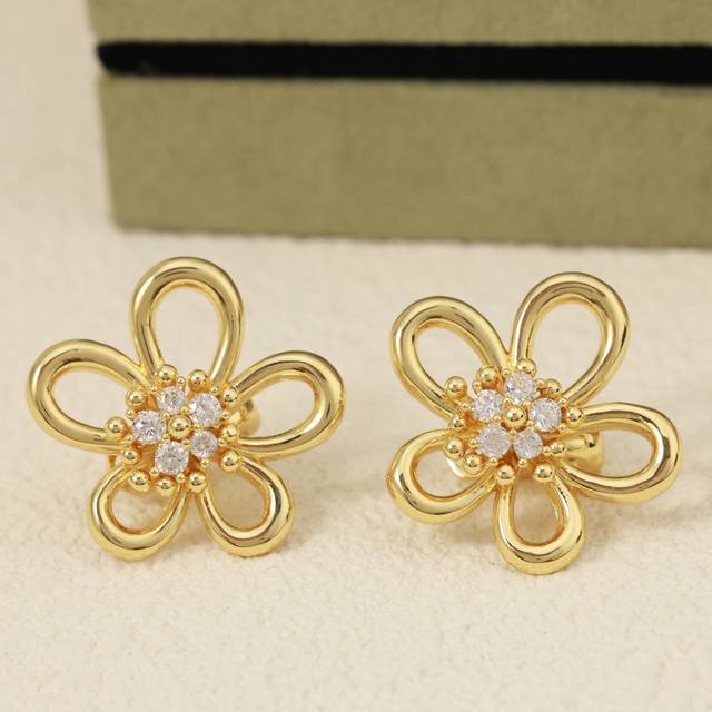 Van Cleef & Arpels Flower Stud Earrings, Sterling Silver Posts + Original Logo P