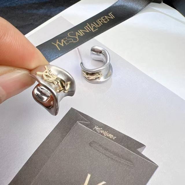 YSL Saint Laurent Two-Tone 3D Hoop Earrings, Original Brass Material. Yves Saint