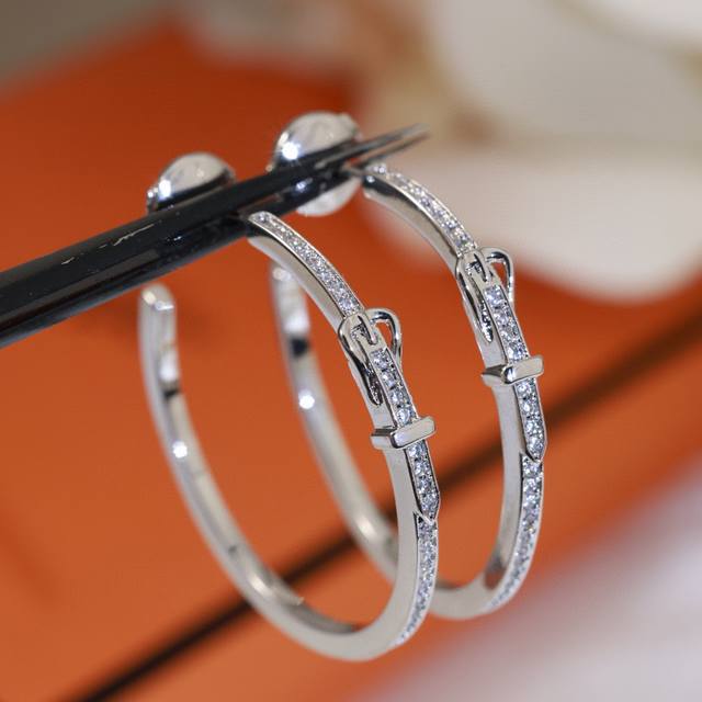 Exquisitely crafted Hermes belt buckle earrings with full diamonds, sterling sil
